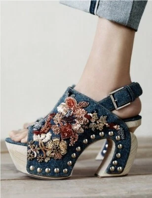 NUEVO*Alexander McQueen*Denim/Sandalias de plataforma de cuero*Adornadas*Talla 37 Foto 1 de 4