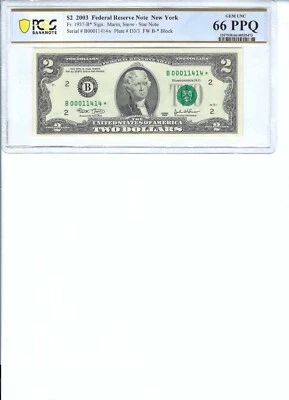 2003 $2 FRN FR1937-B* PCGS Bnk 66 PPQ, New York * Note S/N B00011414*!!! - Image 1 of 2