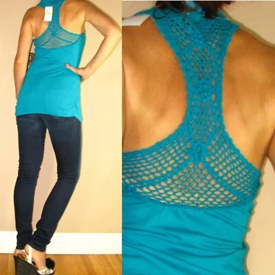 Y2K C&C California Babydoll Top Size L Raceback Sheer Crochet Cotton Resort New - Image 1 of 4