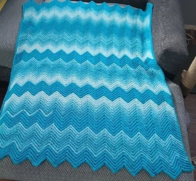  NEW HAND CROCHET RIPPLE SHADES OF BLUE MULTI AFGHAN LAP BLANKET THROW - Image 1 of 4