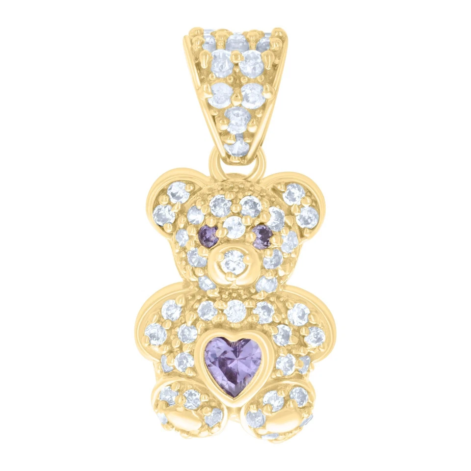 Colgante pequeño pequeño pequeño de oso de peluche con piedra de nacimiento de junio circonita cúbica corazón púrpura de oro amarillo de 10 k Foto 1 de 1