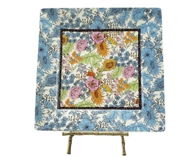 222 Fifth "Floral Revelry" Dinner Plate Blue floral Rim Square Plate. 10.5" - Image 1 of 4