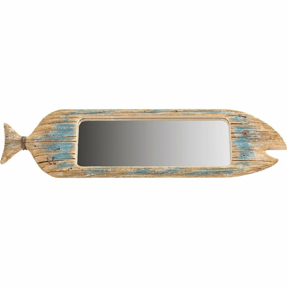 Rustic Nautical Wooden Blue Fish 31" L Beach House Decor Mirror - Image 1 of 1