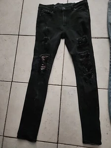 MNMI Black Skinny 5 Pocket Slashed Ripped Stretch Jeans Size 33 - Picture 1 of 5