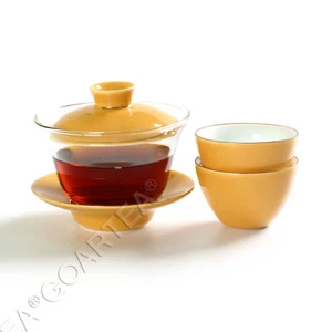 Chinese Gongfu Tea Set - Porcelain Clear Glass Jingde Orange Gaiwan & teacup Cup - Picture 1 of 7