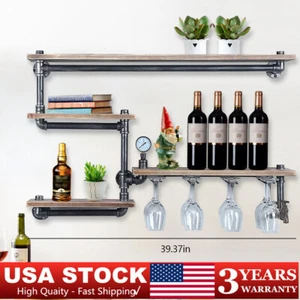Rustic Metal Floating Bar Shelves Wall Mounted Industrial Pipe Shelf Wine Rack - Picture 1 of 8