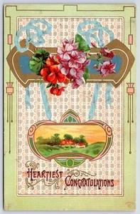 Postcard Heartiest Congratulations Countryside View Flowers Posted 1911 Vintage - Picture 1 of 2