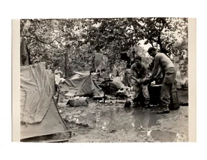 WWII WW2 Original Photo Soldiers Wring Out Clothes After The Rain Came 1940sREAD - Picture 1 of 4