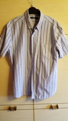 Nueva Camisa de Negocios GREAT AMERICAN BODY L 16" Azul Gris Blanco Rayas Manga Corta Foto 1 de 4