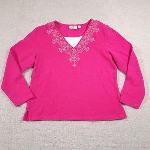 Studio Works Sweater Women's XL Pink Long Sleeve Ribbed Floral Embroidered - Picture 1 of 13