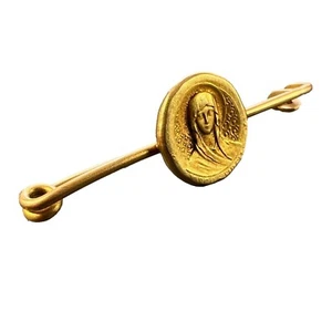 French Virgin Mary Medal Safety Pin 18K Yellow Gold Charm Brooch - Picture 1 of 13
