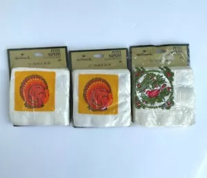 Vintage Hallmark Petite Coaster Size Napkins Turkeys / Holly Bird, Set of 3 - Picture 1 of 4