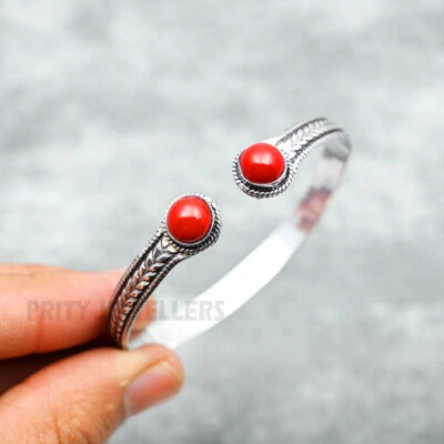 Brazalete Brazalete Coral Plata de Ley 925 Ajustable Hecho a Mano Regalo Joyería Foto 1 de 4