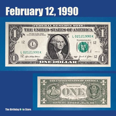 February 12, 1990 Birthday Anniversary $1 One Dollar Bill Serial Number 02121990 - Image 1 of 2