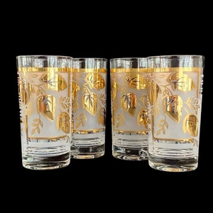 Vintage 1960s Frosted Gold Leaf Geometric Highball Glasses Set of 4 12oz - Picture 1 of 10