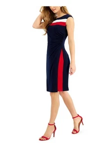 CONNECTED APPAREL Womens Navy Stretch Ruched Color Block Cap Sleeve Scoop Neck - Picture 1 of 11