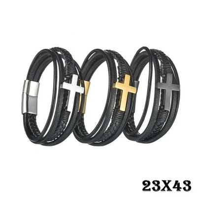 Leder Armband Herren Damen mit Kreuz Gold Silber Schwarz Leder Magnet verschluss - Bild 1 von 4