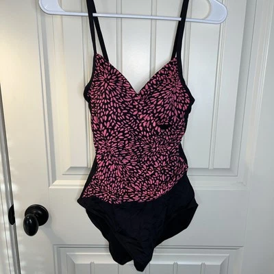 F&F Black And Pink Faux Wrap One Piece Bathing Suit Size Medium (8-10) - Image 1 of 4