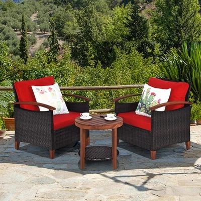3PCS Patio Wicker Rattan Conversation Set Outdoor Furniture Set w/ Red Cushion - Image 1 of 4