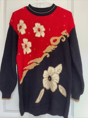 Suéter Dana Scott Para Mujer Vintage Vacaciones Negro Rojo Dorado Borde Talla S Foto 1 de 4