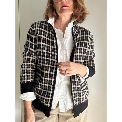 Jones New York Plaid Knit Cardigan Zipper Black Yellow Tartan SZ Med Cotton Twee - Image 1 of 4