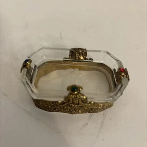 Vtg Chech Bohemian Intaglio Glass Brass & Jewel Open Salt Cellar Clear - Picture 1 of 5