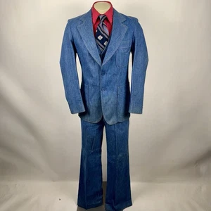 Vintage 70er Anzug Denim 3 Teiler Herren 40 Sakko 32 33 Hose Glockenboden blau Jeans - Bild 1 von 24