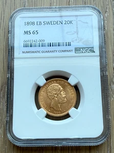 Sweden 1898 EB Gold 20 Kronor NGC MS65 Oscar II - Picture 1 of 2