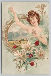 Woman in Front of a Framed Picture Holding Flowers Antique Postcard Art Nouveau - Picture 1 of 5