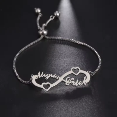 Customized Double Name Infinity Heart Bracelet Box Chain Stainless Steel Jewelry - Image 1 of 4