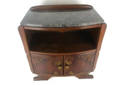 Mesita de noche Art Deco doble gabinete mesita de noche mármol superior madera ornamentada precioso Foto 1 de 4