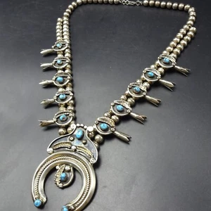 TRADITIONAL OLD Sterling Silver TURQUOISE Squash Blossom NECKLACE Vintage Pawn - Picture 1 of 15