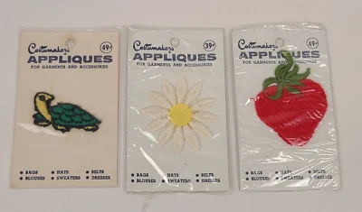 Vtg Costumakers Appliques Strawberry Turtle Daisy Flower Sew on Patch Lot of 3 - Image 1 of 4