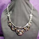 Daisy Fuentes Signed Faux Leather Necklace, bronze-silver-gunmetal accents
