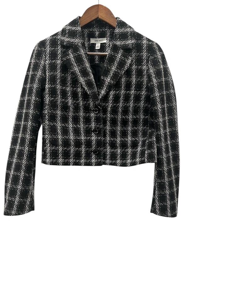 Nine West Women’s Tweed Cropped Blazer Jacket Black White Plaid Size S - Image 1 of 4
