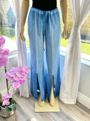 T-Party Blue Tie Dye Flare Pants Size S Small Drawstring Boho Relaxed Slit Leg - Image 1 of 4
