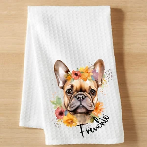 French Bulldog Frenchie Waffle Weave 16x24 Dish Towel Dog Floral Kitchen Decor - Picture 1 of 6