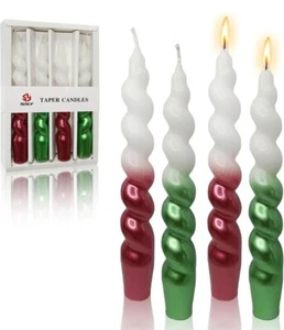 4 X Green & Red Taper Candlestick 7.28" Unscented Spiral Dinner Candle NEW - Picture 1 of 3