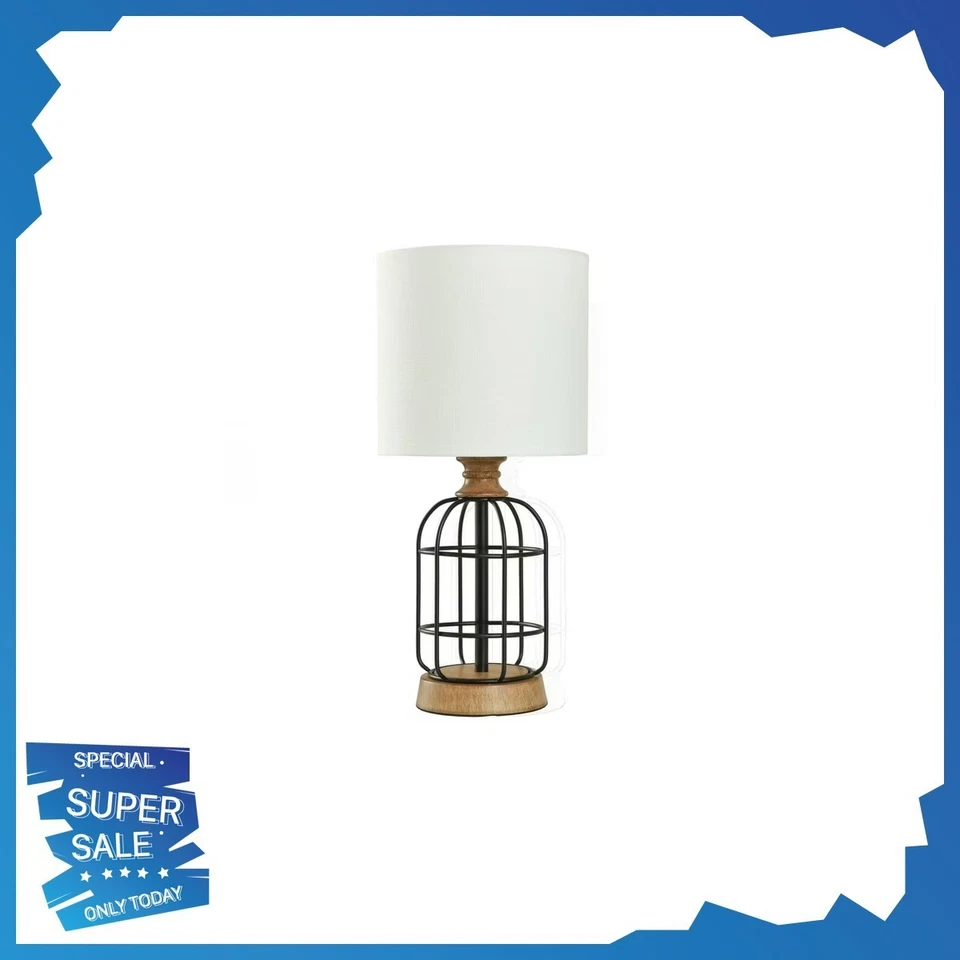 Lámpara de mesa Mainstays jaula de metal negro con detalles de madera y pantalla de tambor, 17" Foto 1 de 4