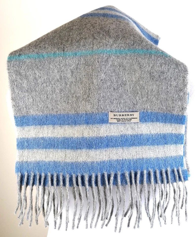 Burberry Grey Blue Turquise Stripe Scarf One Size Merino Cashmere 3-291 - Image 1 of 4