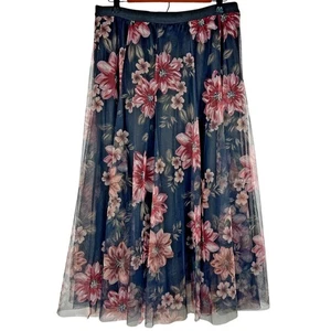 Dunkel Blumen Netz Tüll Midi Rock XL schwarz rosa Fairygoth Whimsigoth gefüttert - Bild 1 von 8