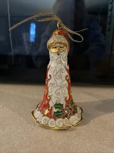 Vtg Cloisonne & Enamel Christmas Bell Ornament Santa Claus Red Coat Holly Berry - Picture 1 of 4