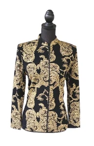 Vintage Jeanne Alexander Evening Jacket Sz S Black Gold Knit Mandarin Collar Top - Picture 1 of 5