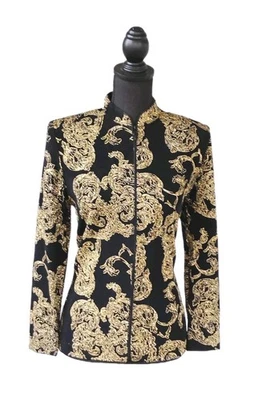 Chaqueta de Noche Jeanne Alexander Vintage Talla S Negra Dorada Tejida Cuello Mandarín Top Foto 1 de 4