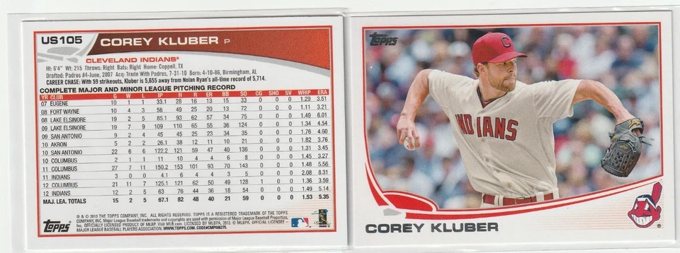 2013 Topps 更新 #US105 科里·克鲁伯 RC - 克利夫兰印第安人队 — 第 1/1 张图片