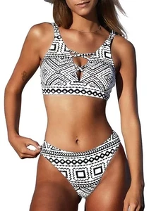 Women Two Piece Cutout Bikini Swimsuits Set V Neck Lace Up Low Waisted - Picture 1 of 7