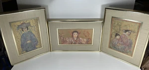 Tres impresiones de Edna Hibel en marcos dorados asiáticos mujeres y niños chinos japoneses - Imagen 1 de 7