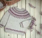 VTG Hand Knit Size L Wool Blend Nordic Icelandic Style Yoke Gray Purple Sweater