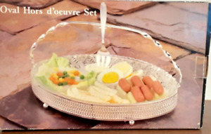 4 Division Oval Glass Hors d'oeuvre Set Silver Plate Holder and Fork With Box