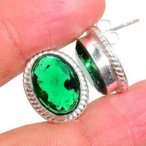 Chrome Diopside Gemstone Handmade 925 Sterling Silver Stud Earring Sz 0.75" - Picture 1 of 1